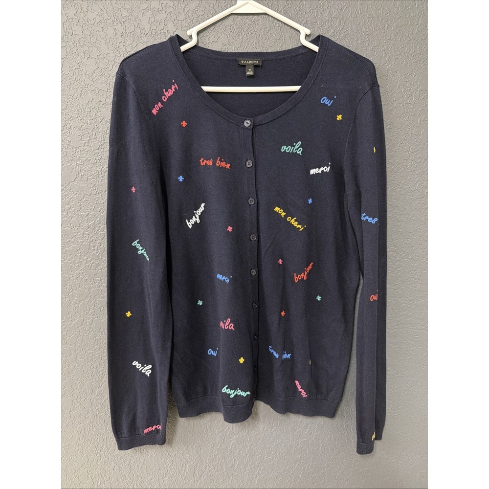 Talbots Navy Blue Cardigan with French Sayings Medium